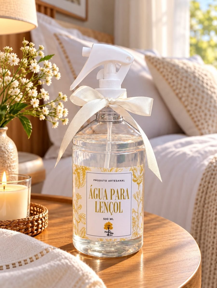 Água para lençol de 500 ml com rótulo dourado e laço creme, sobre mesa de cabeceira ao lado de uma vela acesa e da cama arrumada