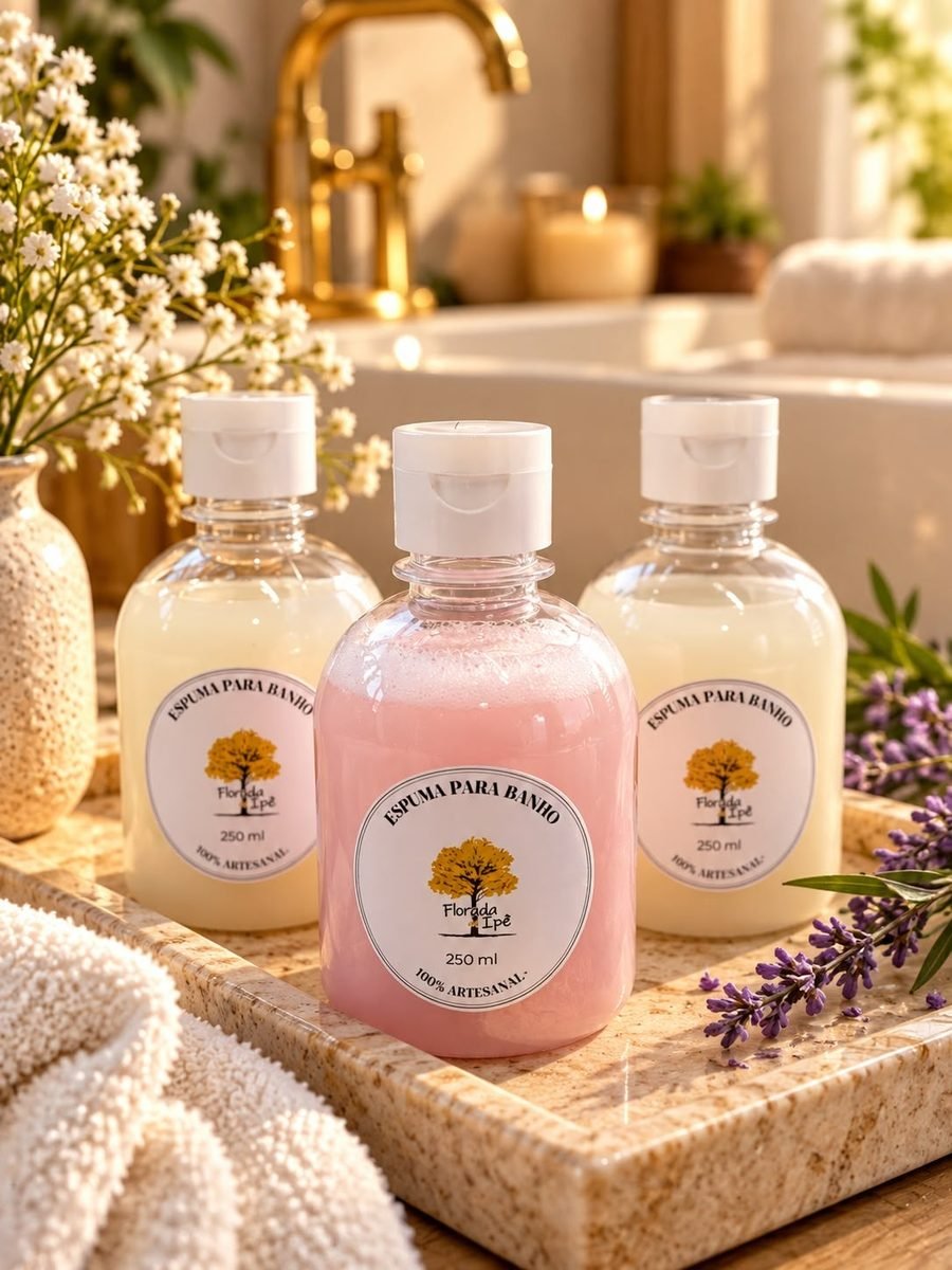 Três frascos de espuma para banho Florada de Ipê, um rosa e dois amarelados, sobre bandeja de pedra com lavanda, ao lado da banheira