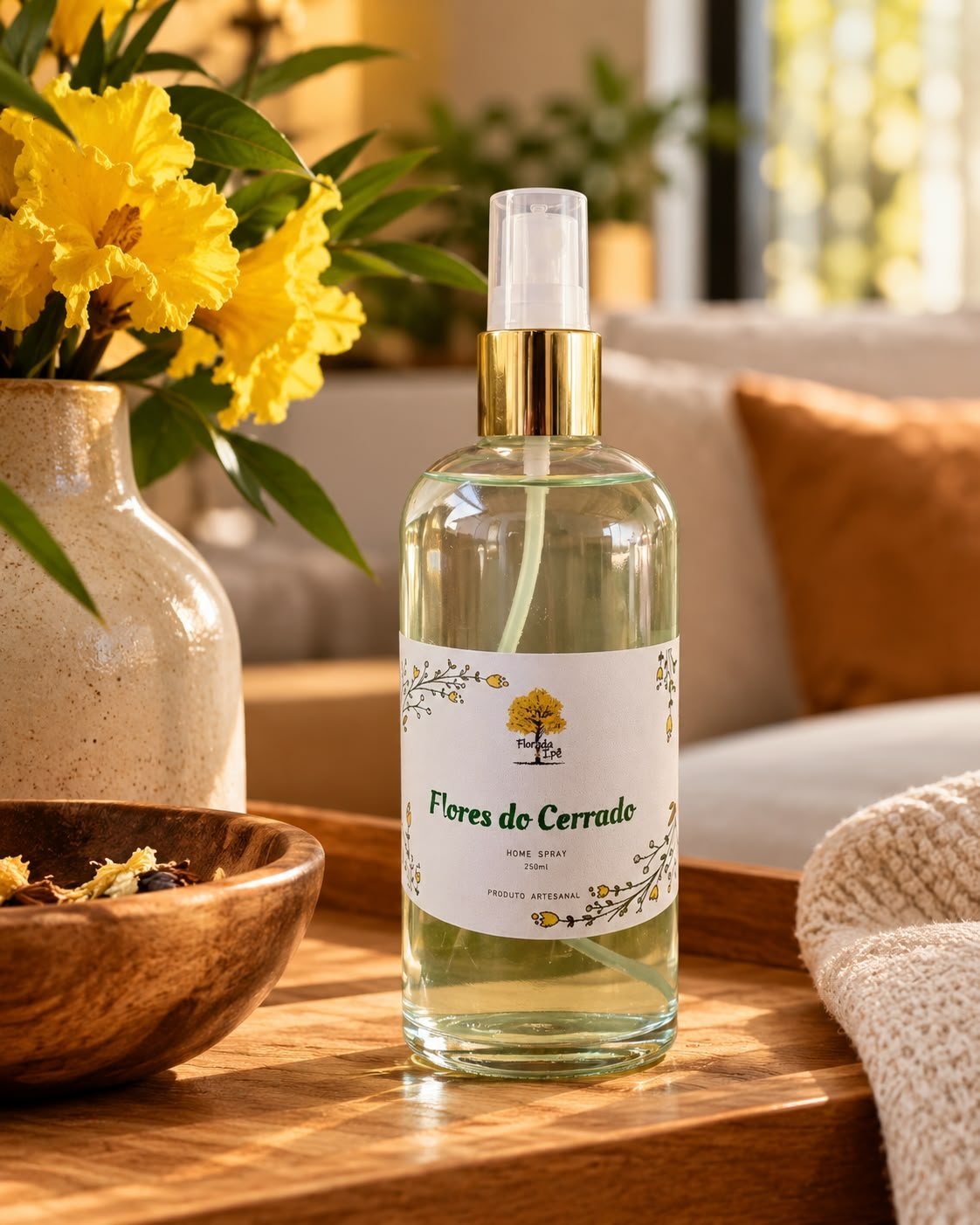 Home spray Flores do Cerrado sobre mesa de madeira, com flores amarelas e almofadas ao fundo